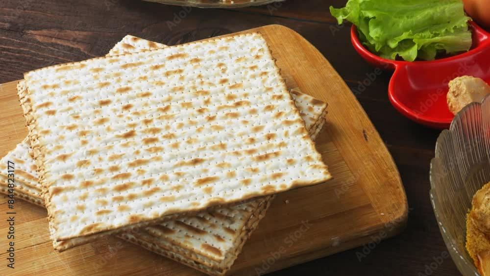 Matzo and kearah on the set table for the Pesach Seder meal. Vertical panorama Matzo and kearah on the set table for the Pesach Seder meal. Vertical panorama