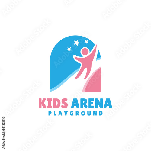 Kids arena logo design with children riding the playground slide symbol concept.