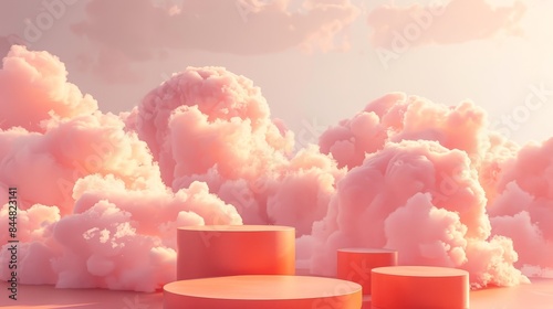 Minimal abstract orange podium on a sky platform, 3D render, pastel clouds, dreamy background for beauty products