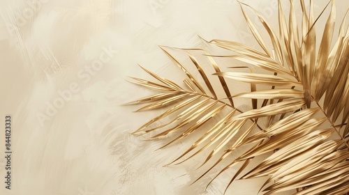 Minimalist gold palm leaf on a light beige background, emphasizing simplicity and elegance with fine details