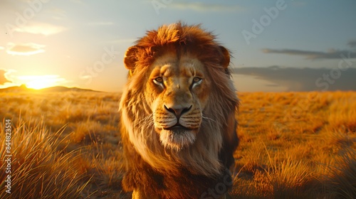 Majestic lion in african savanna at sunset, double exposure art for safari prints and interior