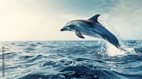 A playful dolphin leaps out of the water  creating a splash of water droplets as it soars through the air