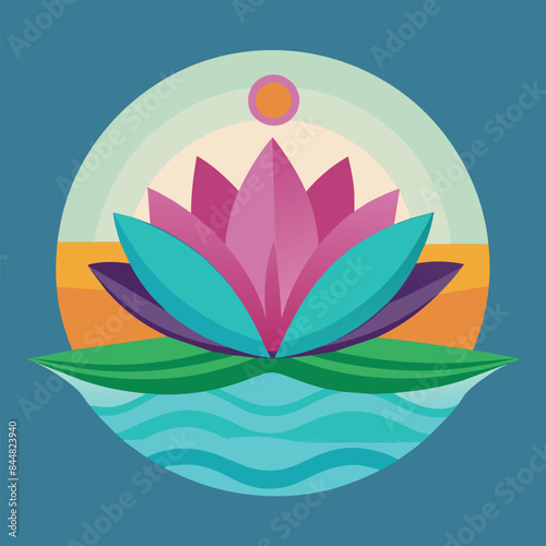 A vibrant and stylized image of a pink lotus flower blooming in water, with a yellow sun setting in the background, A calming image of a lotus flower symbolizing balance and peace