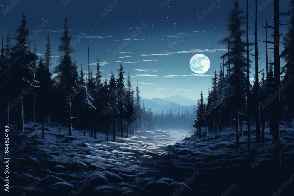 Tranquil and serene moonlit winter forest scene with snowy landscape ...
