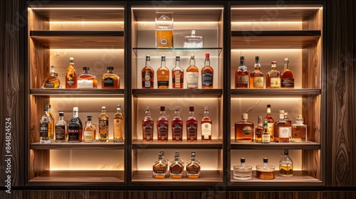 A well-stocked liquor cabinet in a modern home bar, featuring a variety of spirits and bottles