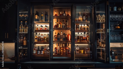 A well-stocked liquor cabinet with various bottles of spirits  showcasing a stylish home bar design