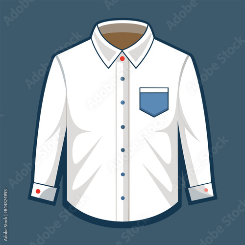 A classic white button-down shirt with a blue pocket and red buttons, A classic white button-down shirt with a small embroidered detail