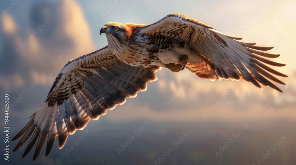 Fototapeta premium A fearless hawk in superhero attire, with a cape flowing behind it as it soars through the sky, eyes sharp and focused