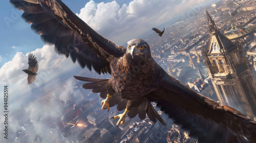 A heroic eagle with a powerful stance, wearing a cape and eye mask, soaring high above a city with a determined expression photo