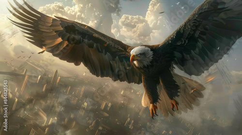 A heroic eagle with a powerful stance, wearing a cape and eye mask, soaring high above a city with a determined expression photo