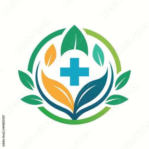A minimalist hospital logo with a blue cross centered in a circle of green leaves, A clean and minimalist design for a hospital logo with a focus on wellness