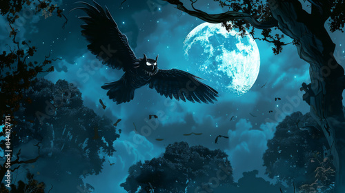 A heroic owl in a superhero costume, with a cape and mask, flying over a moonlit forest, vigilant and ready to protect the night photo