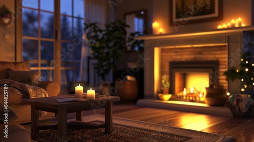 Soft Fireplace Glow In a quiet room a fireplace radiates a gentle warmth as it illuminates the surroundings with its soft defocused flames. .