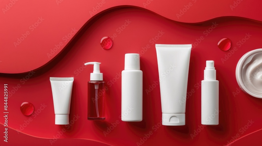 Collection of skincare items on red background with waves Collection of skincare items on red background with waves
