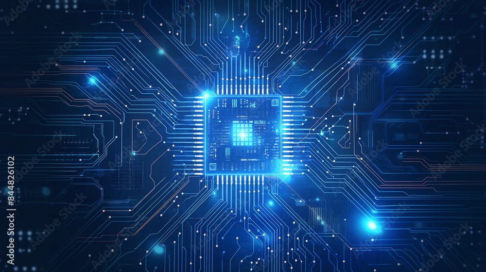 Fototapeta premium Abstract technology background of a quantum computing system with processor and electronic circuit. Artificial neurons