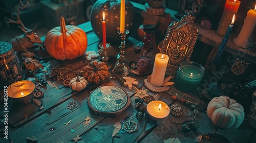 Candle burns on the altar, powerful magic among candles, energy cleaning and wicca concept photo