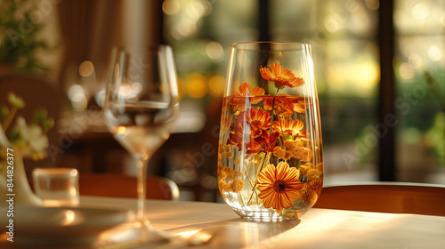 Shampion color big glass with unusual color flowers on glass looking awesome on beautiful dining table-2