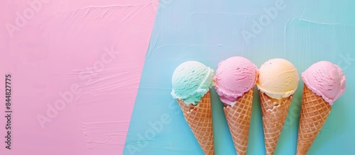 Pastel ice cream in waffle cones on a vibrant backdrop with room for text