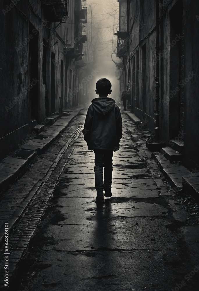 A boy walks in a dark alley at midnight in a blackandwhite photo