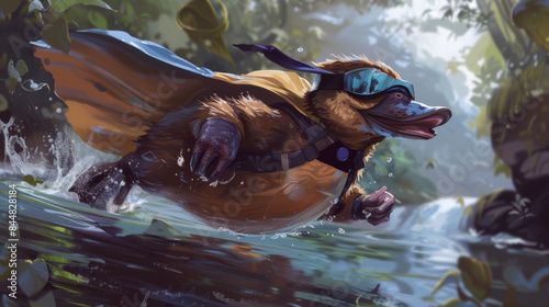 A valiant platypus in superhero gear, with a small cape and mask, swimming swiftly through a river ready to protect its habitat