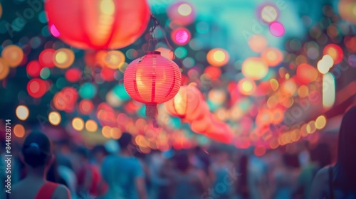Defocused Vibrant bursts of color from a bustling summer festival with crowds of people enjoying the festivities in the background. The lights and decorations create a bokeh effect . photo