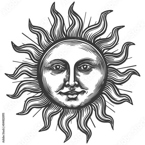 Engraved Sun Face: Vintage Style Solar Deity, Black and White Illustration