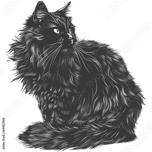 Engraved Majestic Black Cat: Detailed Fur, Intense Gaze, Side Profile, White Background