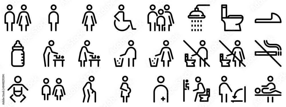 Toilet line icon set. WC outline sign. Man, woman, shower symbol. Restroom for male, female, disabled pictograms. No smoking, do not throw trash in toilet bowl. Editable stroke. Vector graphics