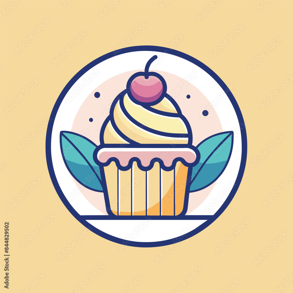 A simple and modern logo design featuring a cupcake with a cherry on top, surrounded by leaves, A clean and stylish design for a dessert cafe A simple and modern logo design featuring a cupcake with a cherry on top, surrounded by leaves, A clean and stylish design for a dessert cafe