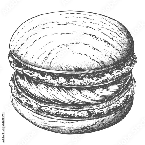 Macaron Monochrome Sketch: Single Pastry, Detailed Illustration, Fine Lines.