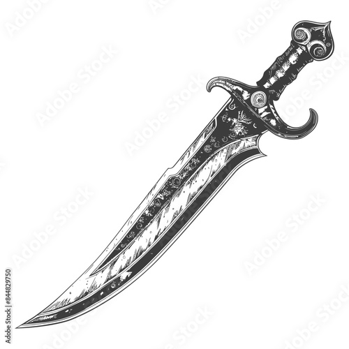 Ornate Dagger Sketch: Curvy Blade, Decorative Hilt, Fantasy Weapon Illustration.