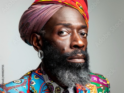 Man dark skin wearing skinny old man with beard, full body short, old dresses and turban 