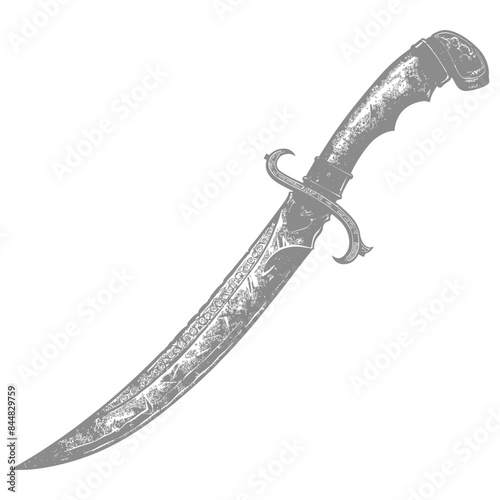 Etched Scimitar: Intricate Detail, Gray Scale, Antique Sword Illustration