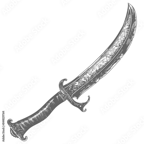Ornate Engraved Scimitar: Antique Arab Dagger with Floral Design, Vintage Illustration.