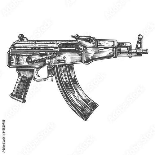 Etched AK-47 Shorty: Detailed Sketch of Assault Rifle with Curved Magazine, Isolated.