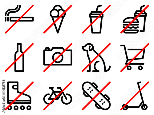 Set of prohibition line signs. No smoking, food, drinks, alcohol, photo, dog, shopping cart, roller skates, bicycle, skateboard, kick scooter outline icons. Editable stroke. Vector graphics