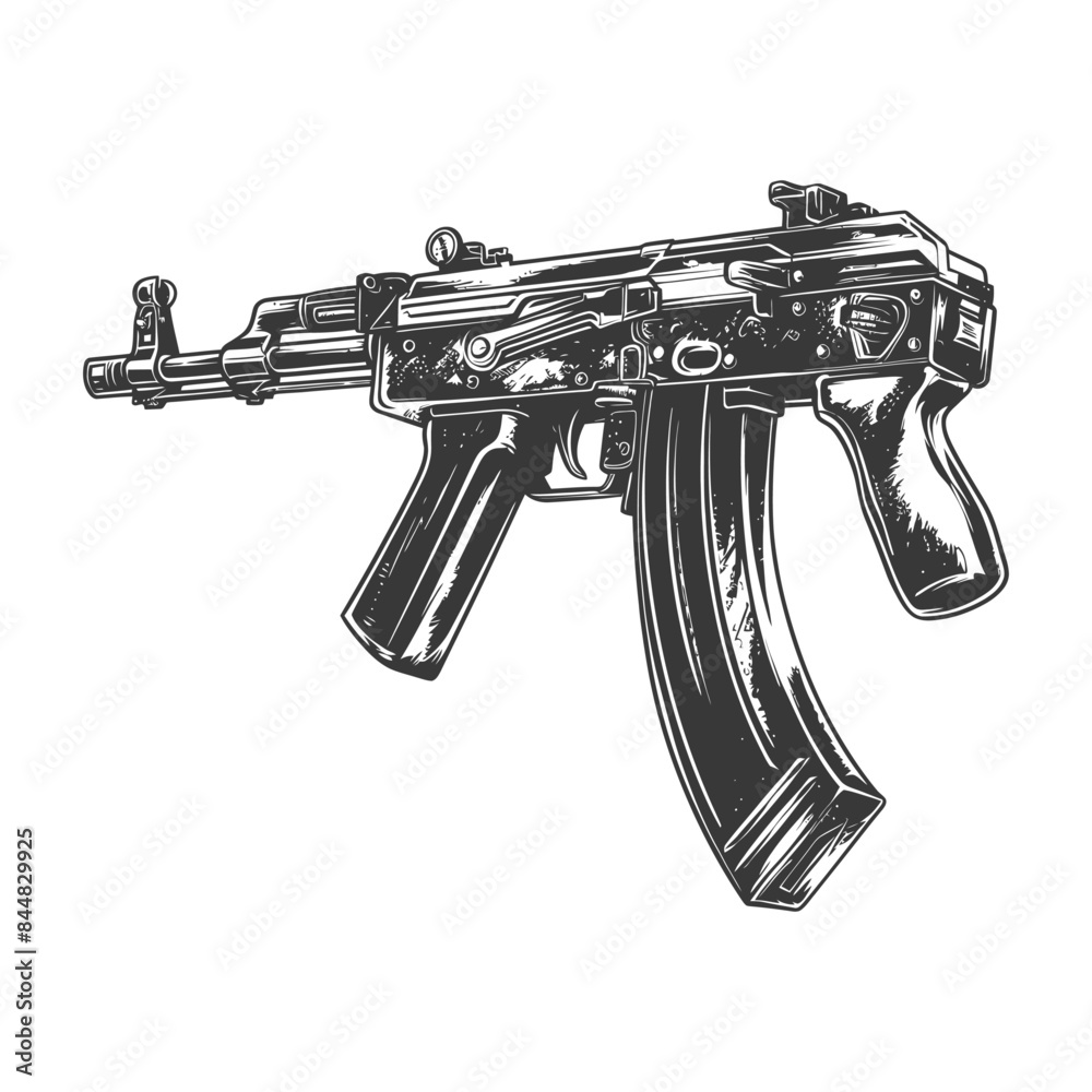 Fototapeta premium Vintage Engraved Assault Rifle Illustration on White.