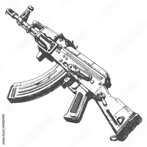 Detailed Line Art: AK-74 Assault Rifle, Isolated, White Background, Black Ink, Weapon Illustration.
