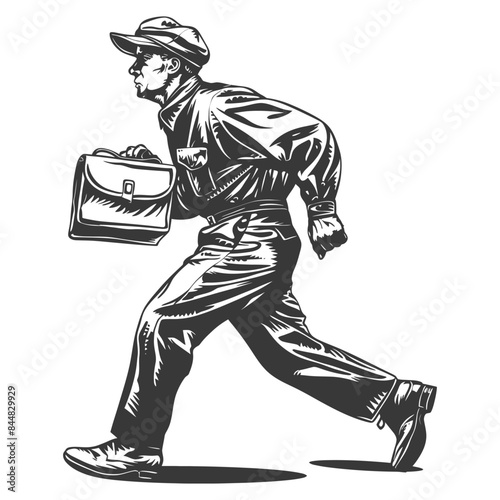 Hurry: Monochromatic Engraving of Man with Briefcase Running Late, Newsboy Cap, Vintage Style.