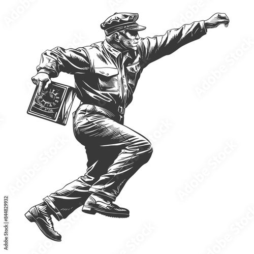 Vintage Engraving: Running Postman with Mail, Dynamic Delivery.