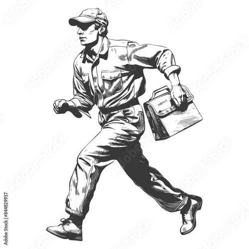 Urgent Messenger: Hand-Drawn Courier in Motion with Satchel, Ink Sketch Style.
