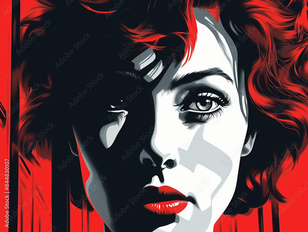 Minimalist portrait of woman in red, white and black illustration Minimalist portrait of woman in red, white and black illustration