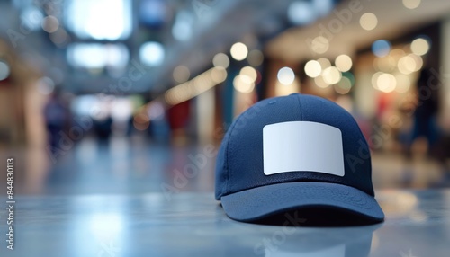 Navy blue cap with blank label on floor photo