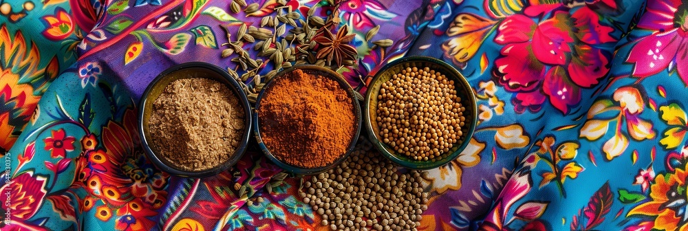 An assortment of traditional Mexican spices, including chili powder, cumin, and coriander seeds, are arranged on a colorful fabric. Generative AI An assortment of traditional Mexican spices, including chili powder, cumin, and coriander seeds, are arranged on a colorful fabric. Generative AI