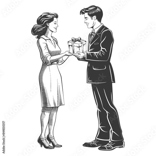 Vintage Romance: Man Presenting Gift to Woman, Engraved Style