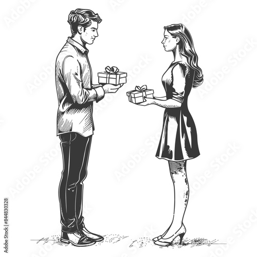 Gift Exchange Sketch: Man and Woman Holding Presents, Monochrome Illustration.