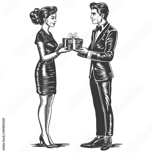 Elegant Gift Exchange: Retro-Style Couple & Bow-Tied Suitor