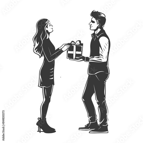 Monochrome Gift Exchange: Stylized Couple, Vintage Illustration Style