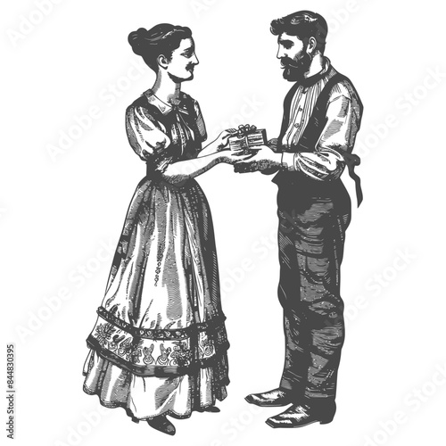 Engraving: Man handing a gift box to a woman in a vintage dress.