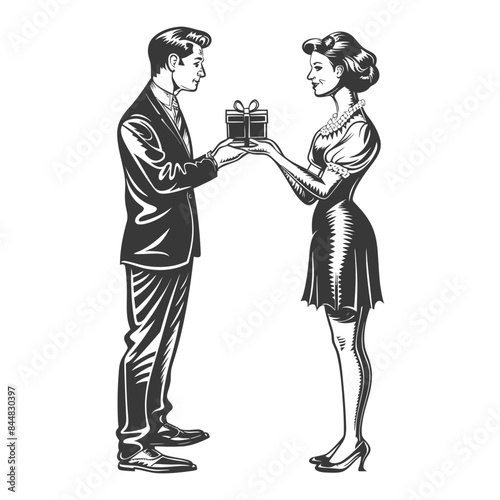 Vintage Romance: Man & Woman Exchanging Gift, Engraved Illustration